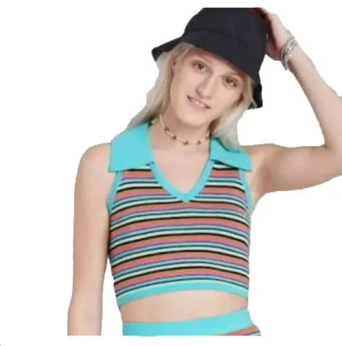 Wild Fable Women's Cropped Jacquard Polo Sweater Tank Top - (Multicolor Striped, X-Small)