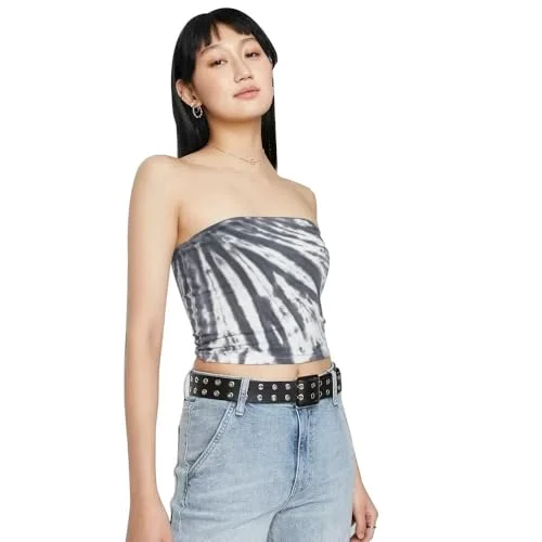 Wild Fable Women's Sleeveless Cropped Tube Top Shirt (White/Black Tie-Dye, Large, L) (Large (L))