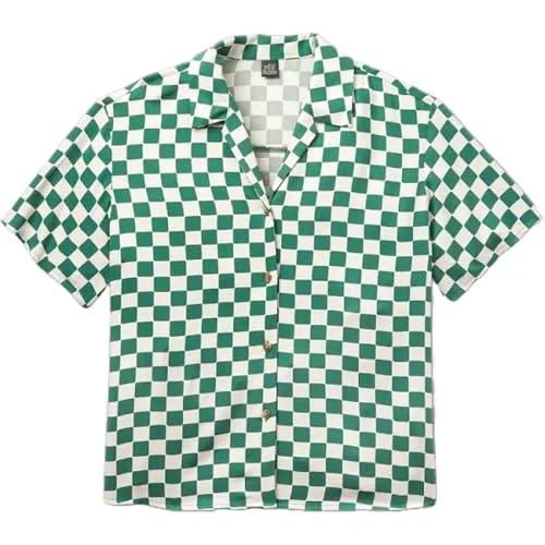 WILD FABLE Short Sleeve Camp Button-Down Shirt - (Small, Emerald Green Check)