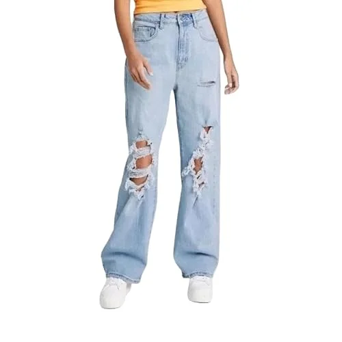 Wild Fable Women's Super-High Rise Distressed Baggy Jeans - (0, Light Wash)